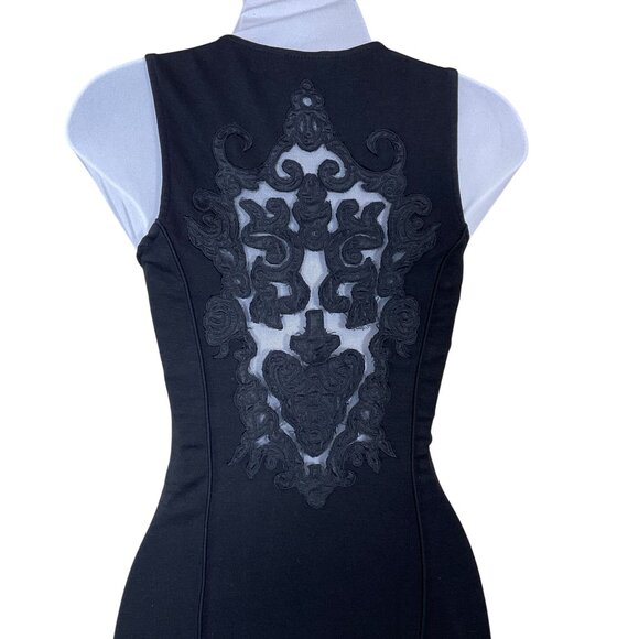 Guess Sleeveless Black Knit Bodycon Mini Dress Mesh Insert BacK Floral Cutout XS - Picture 4 of 7